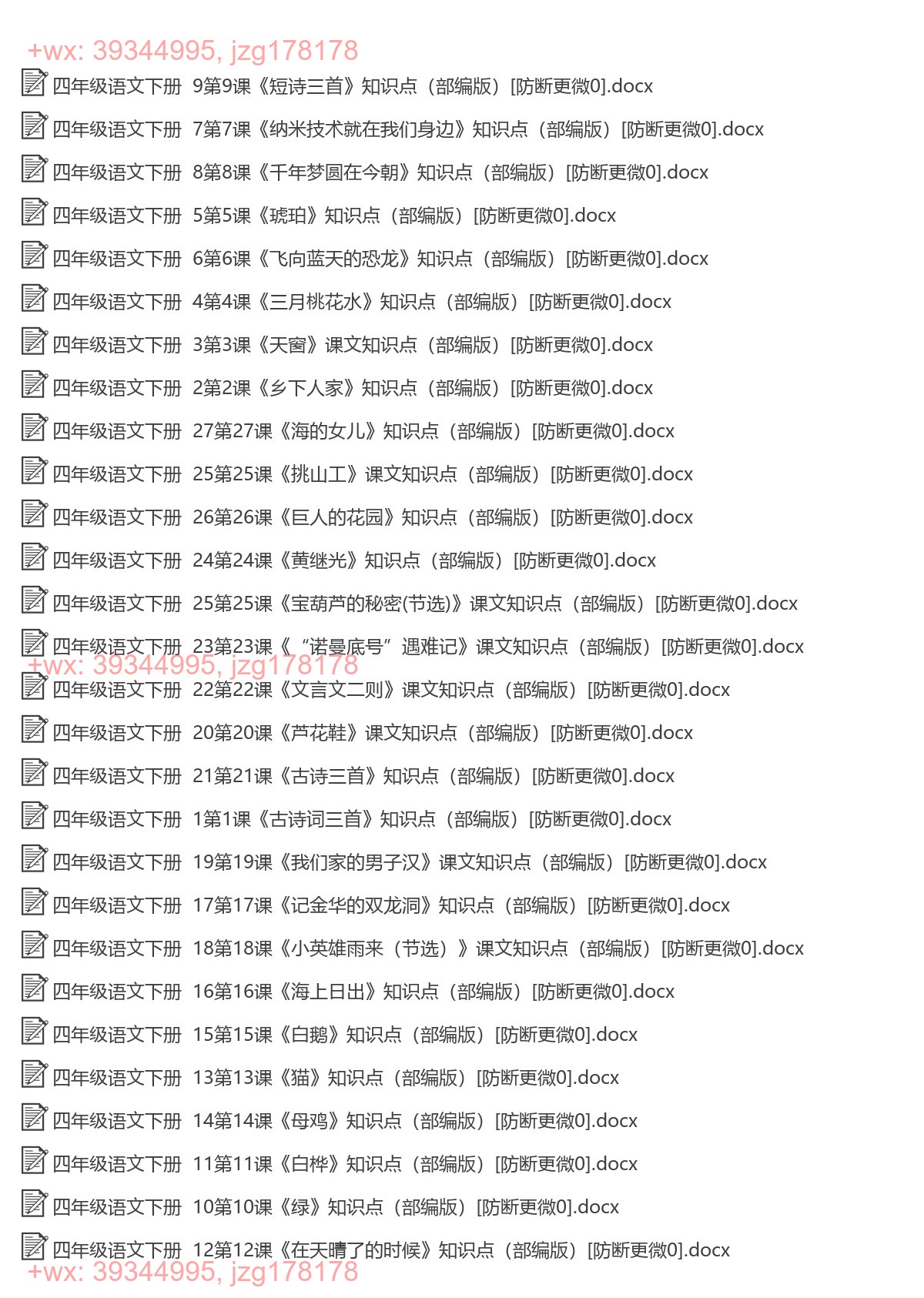 四年级语文下册：每课知识（28套打包，Word版） screenshot