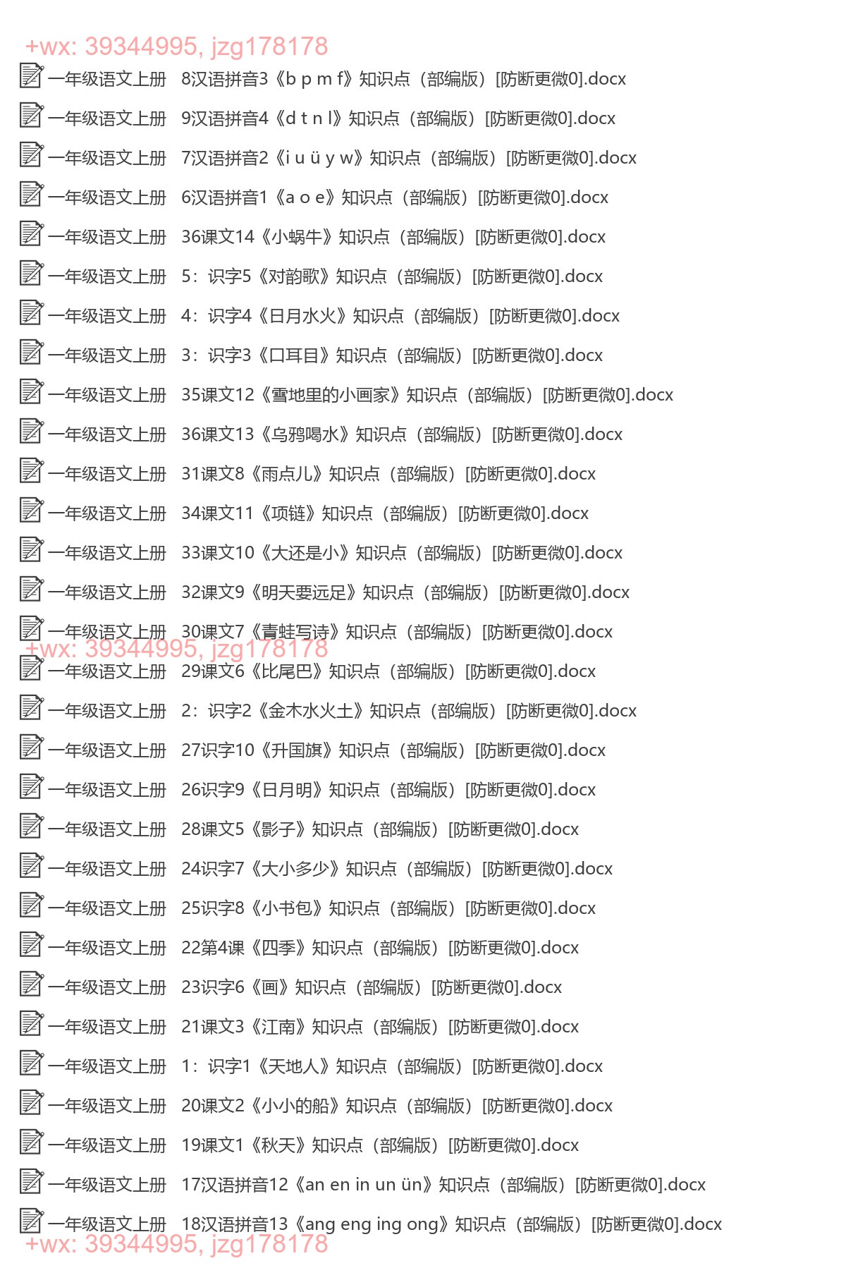一年级语文上册：每课知识（37套打包，Word版） screenshot