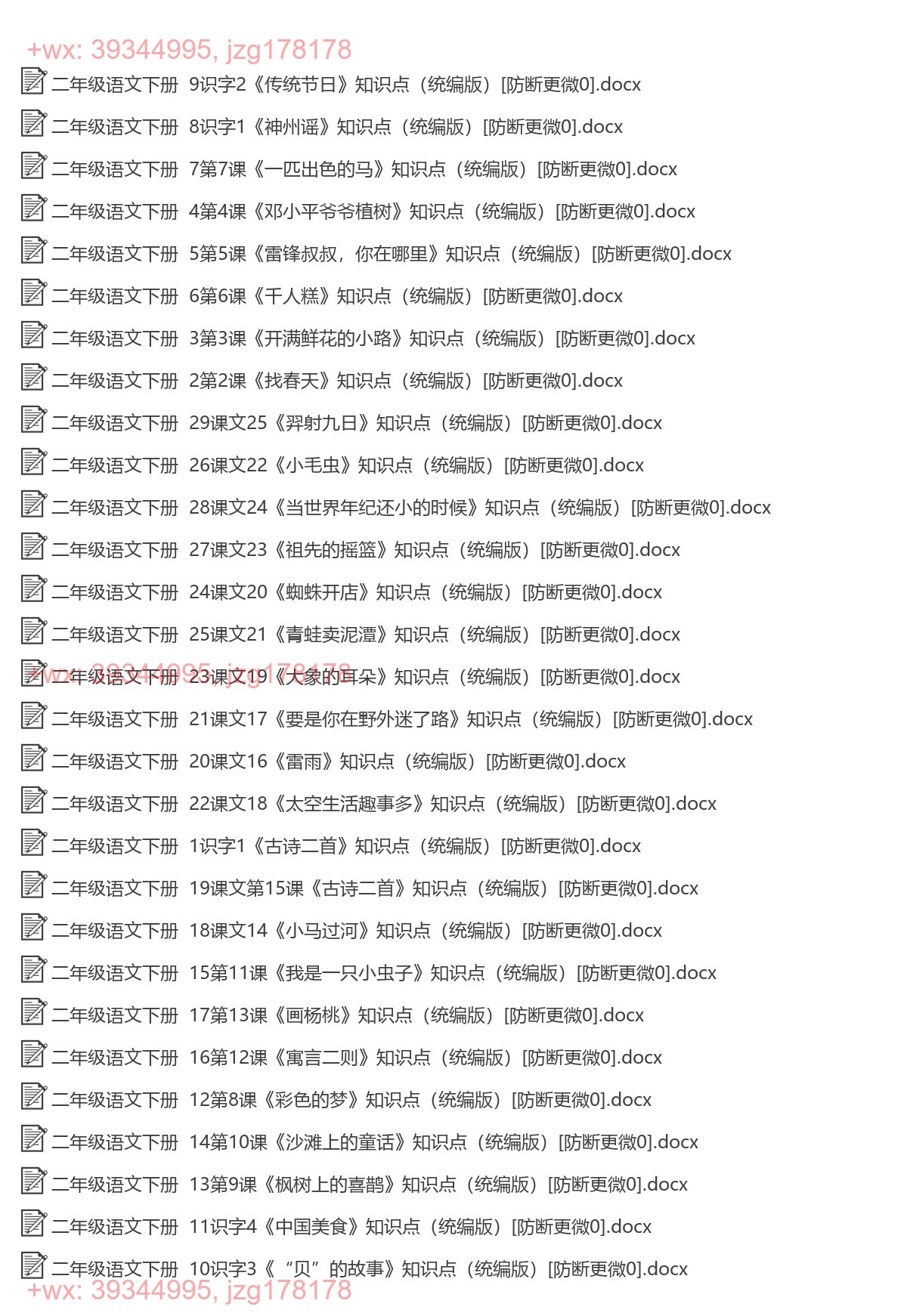 二年级语文下册：每课知识（29套打包，Word版） screenshot