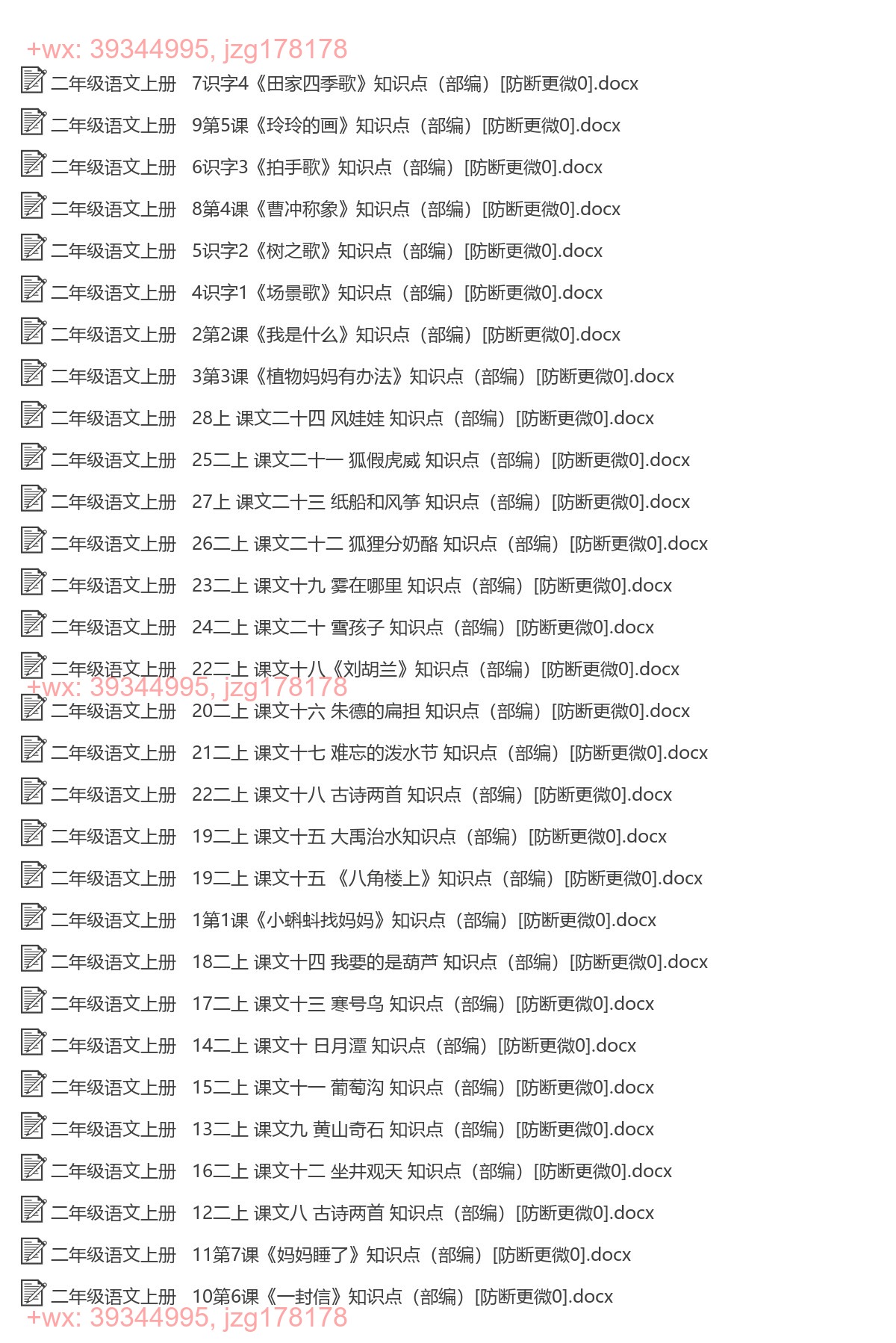 二年级语文上册：每课知识（30套打包，Word版） screenshot